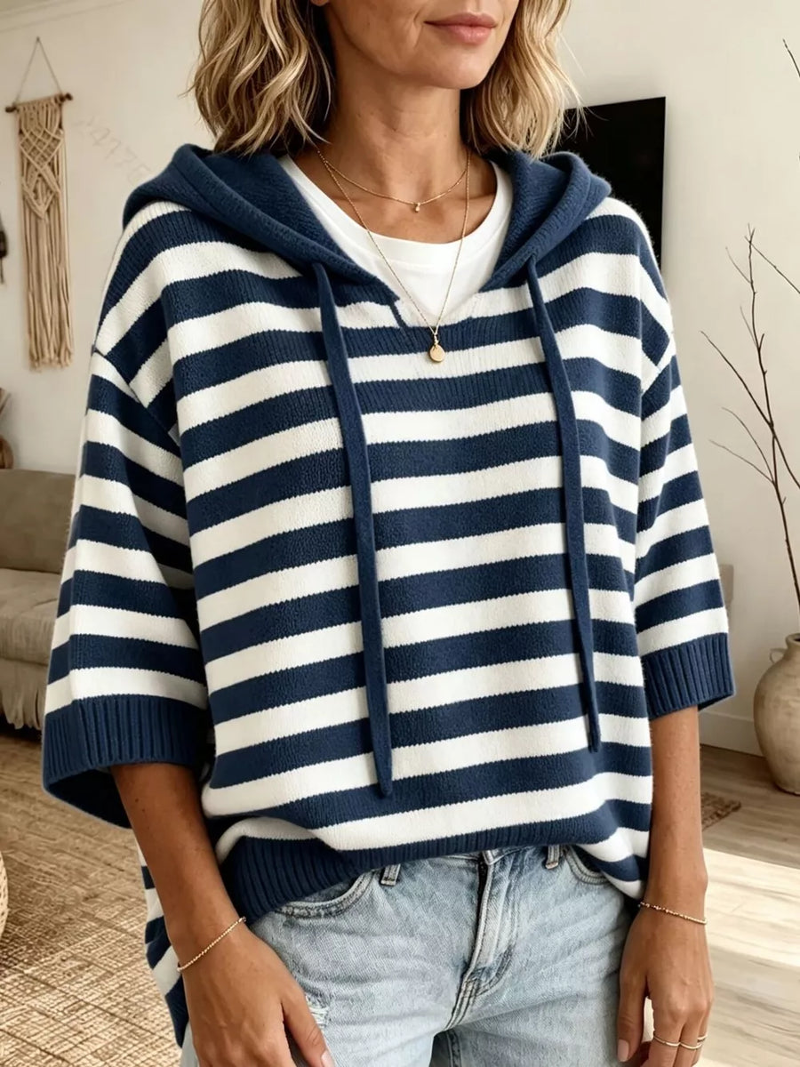 Pink Full Size Drawstring Striped Hooded Sweater