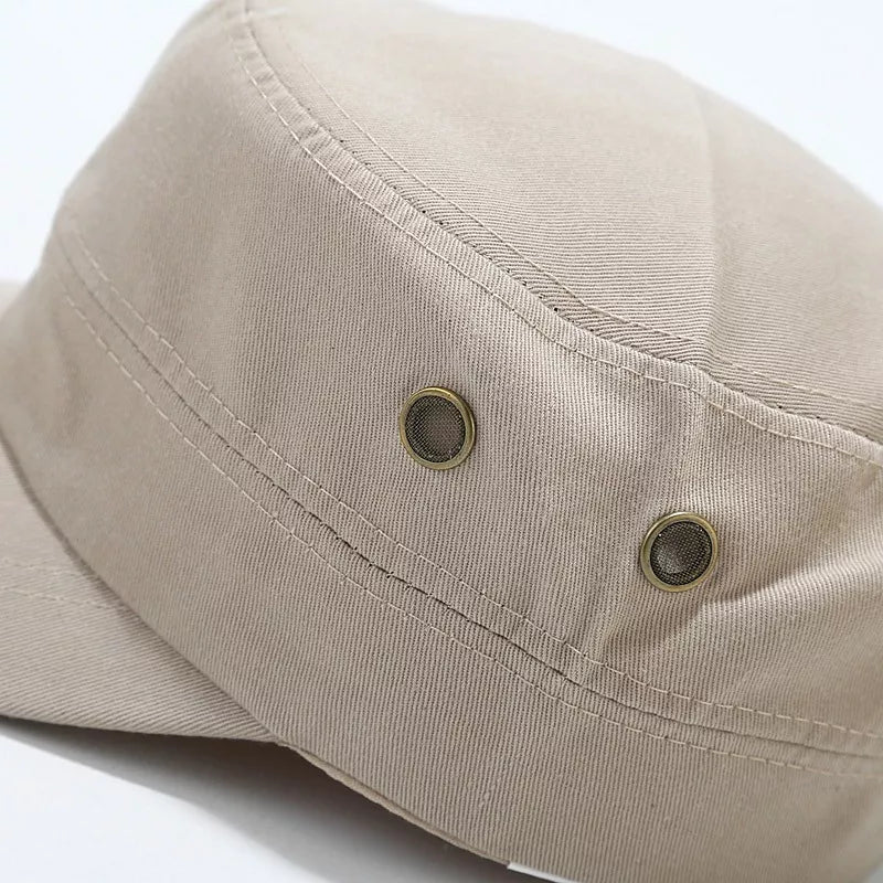Solid Color Military Cadet Hat in Beige with eyelets