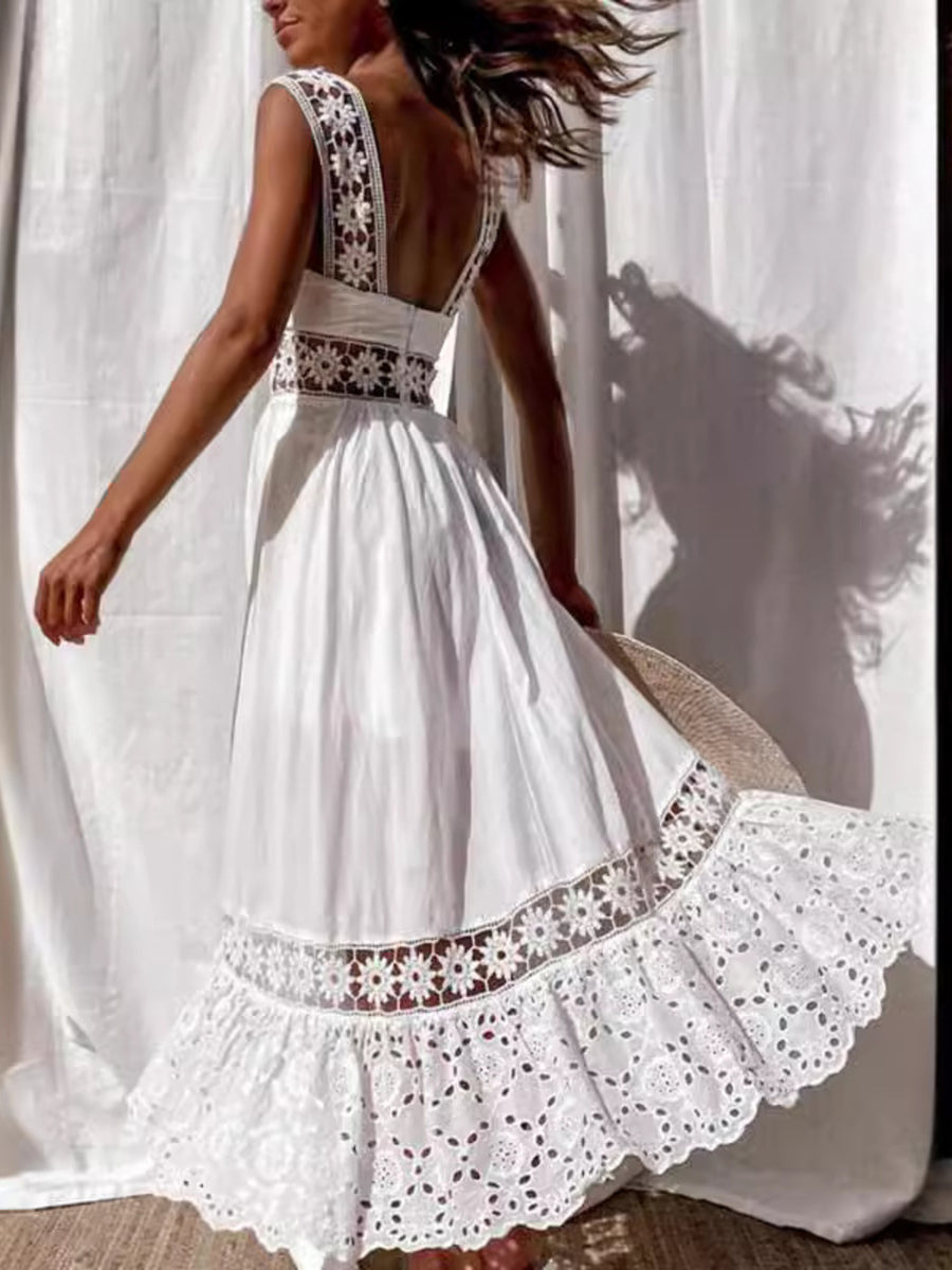 White crochet midi dress with cutouts and ruffled hem