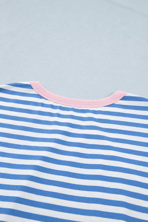 Blue and white striped cotton mini dress with pink trim neckline