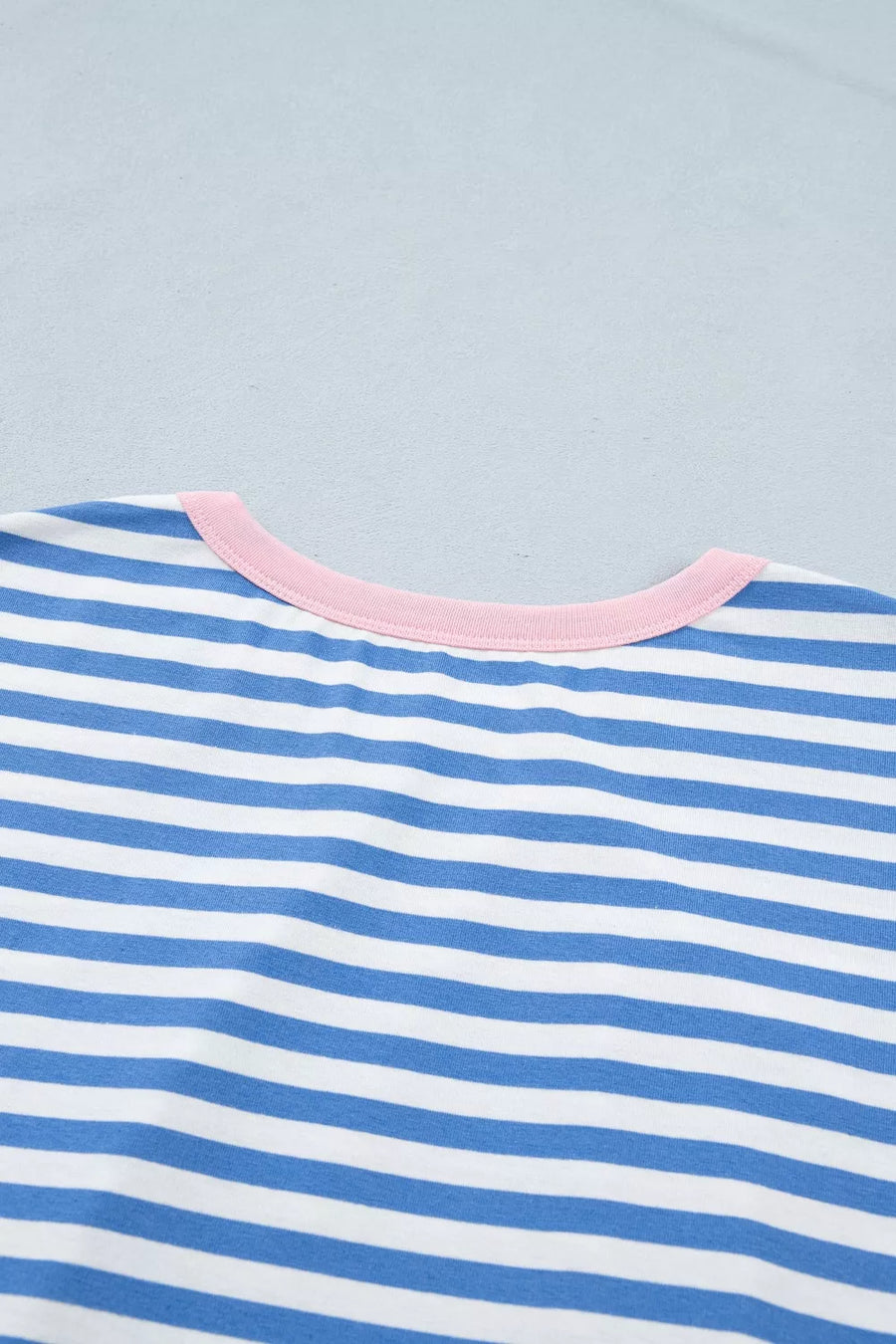 Blue and white striped cotton mini dress with pink trim neckline