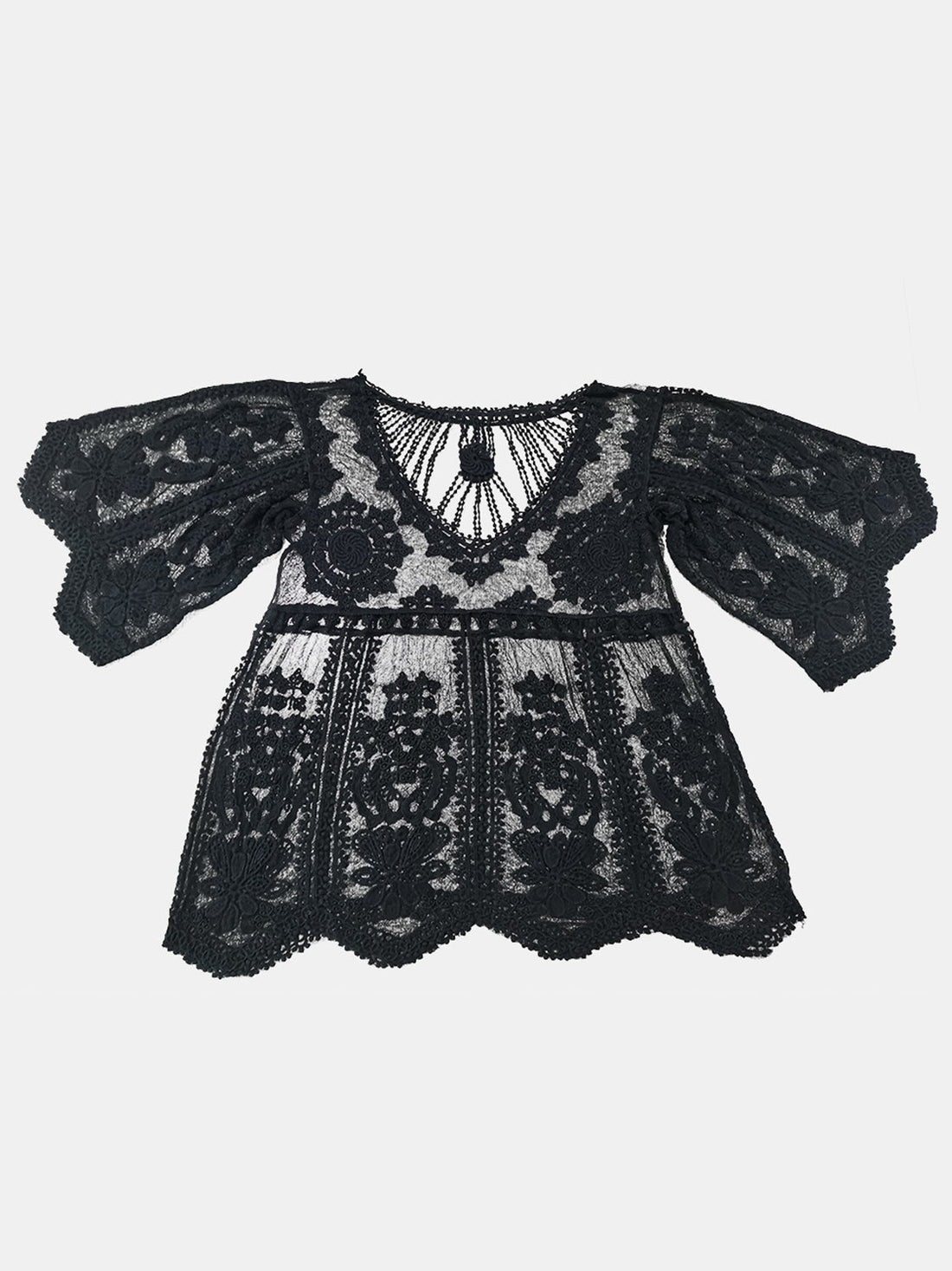 Black embroidered crochet kaftan cover-up with bell sleeves and V-neckline.