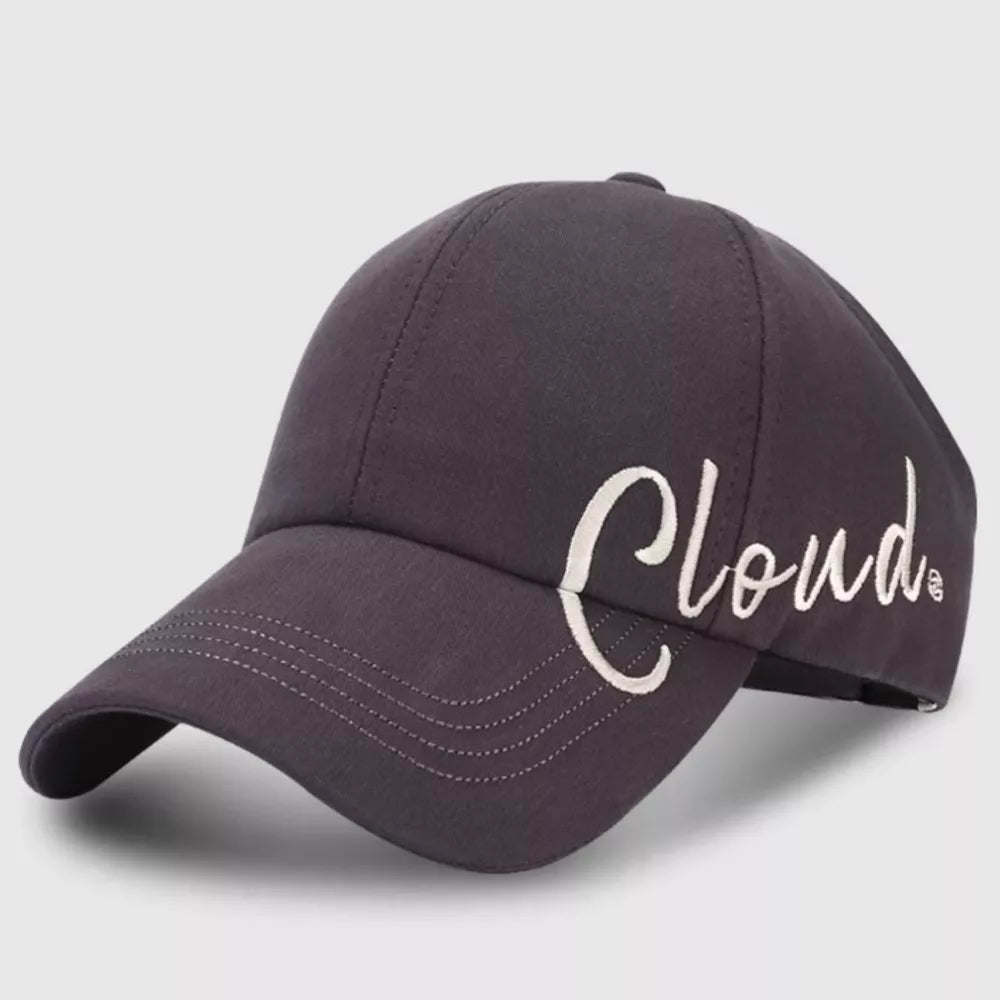 Grey cotton baseball cap with embroidered white "Cloud" text and stitched brim detail.