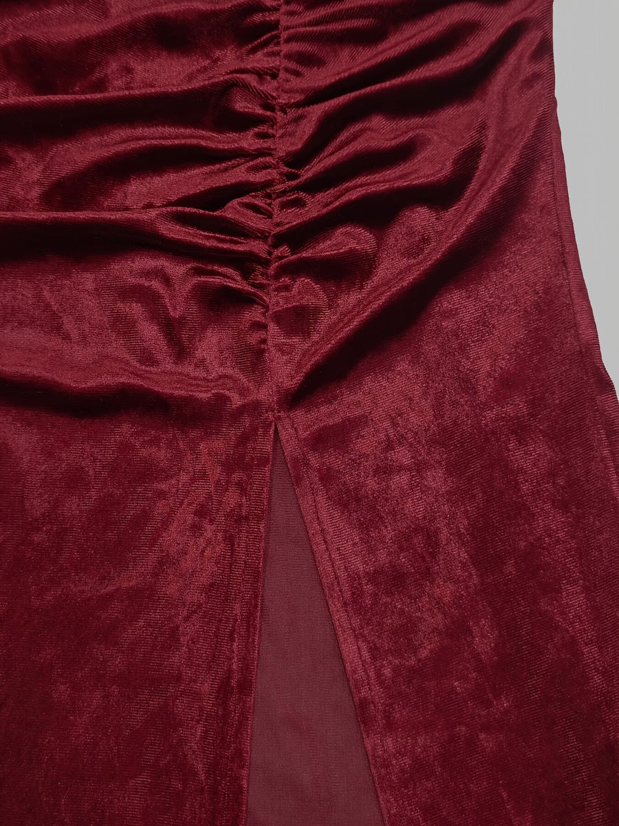 burgundy maxi dress with thigh slit and sleeveless