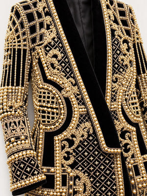 Embellished Pearl One-Button Blazer Plus Size in Silver with embellished