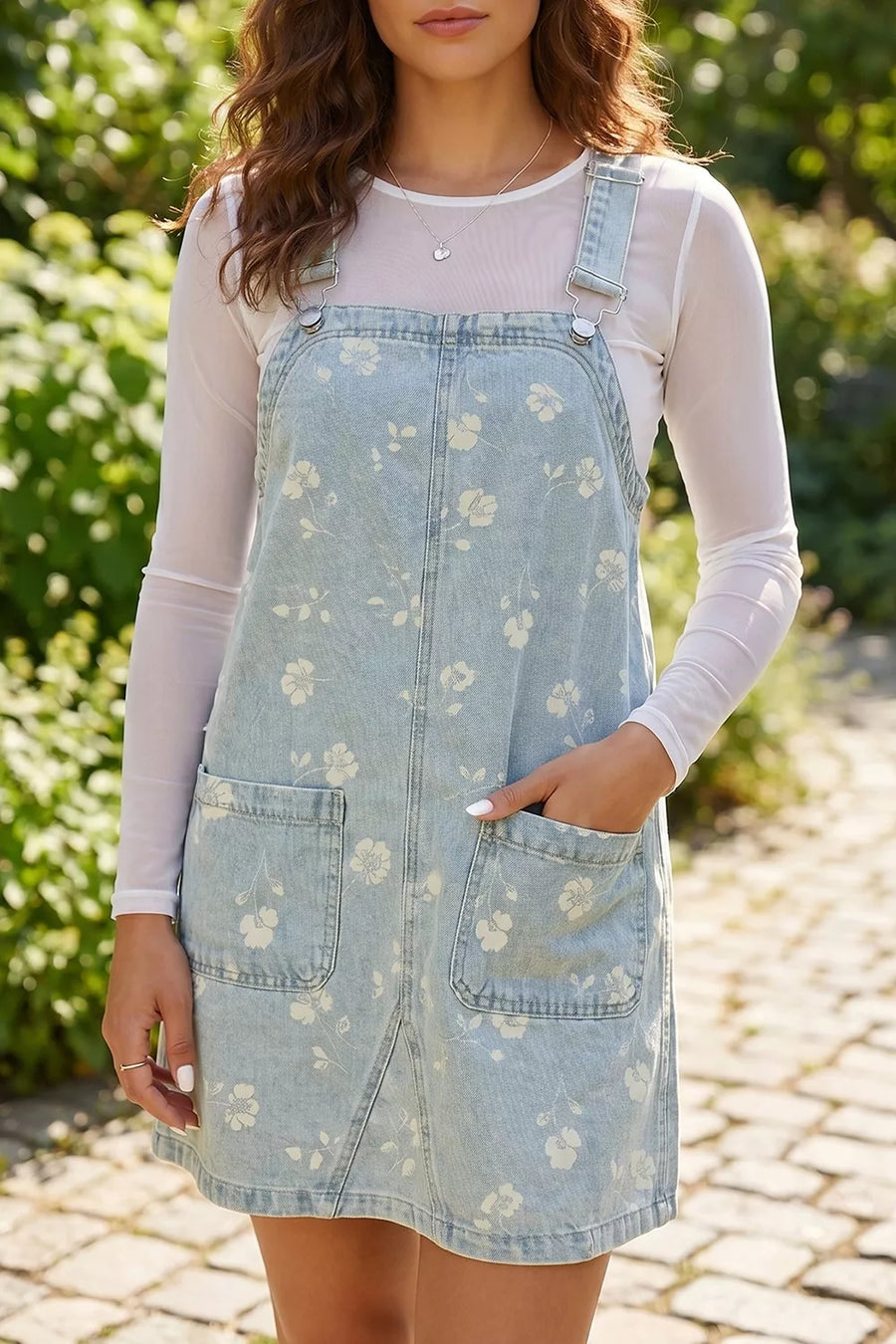 Light Blue Wash Denim Floral Print Overall Mini Dress
