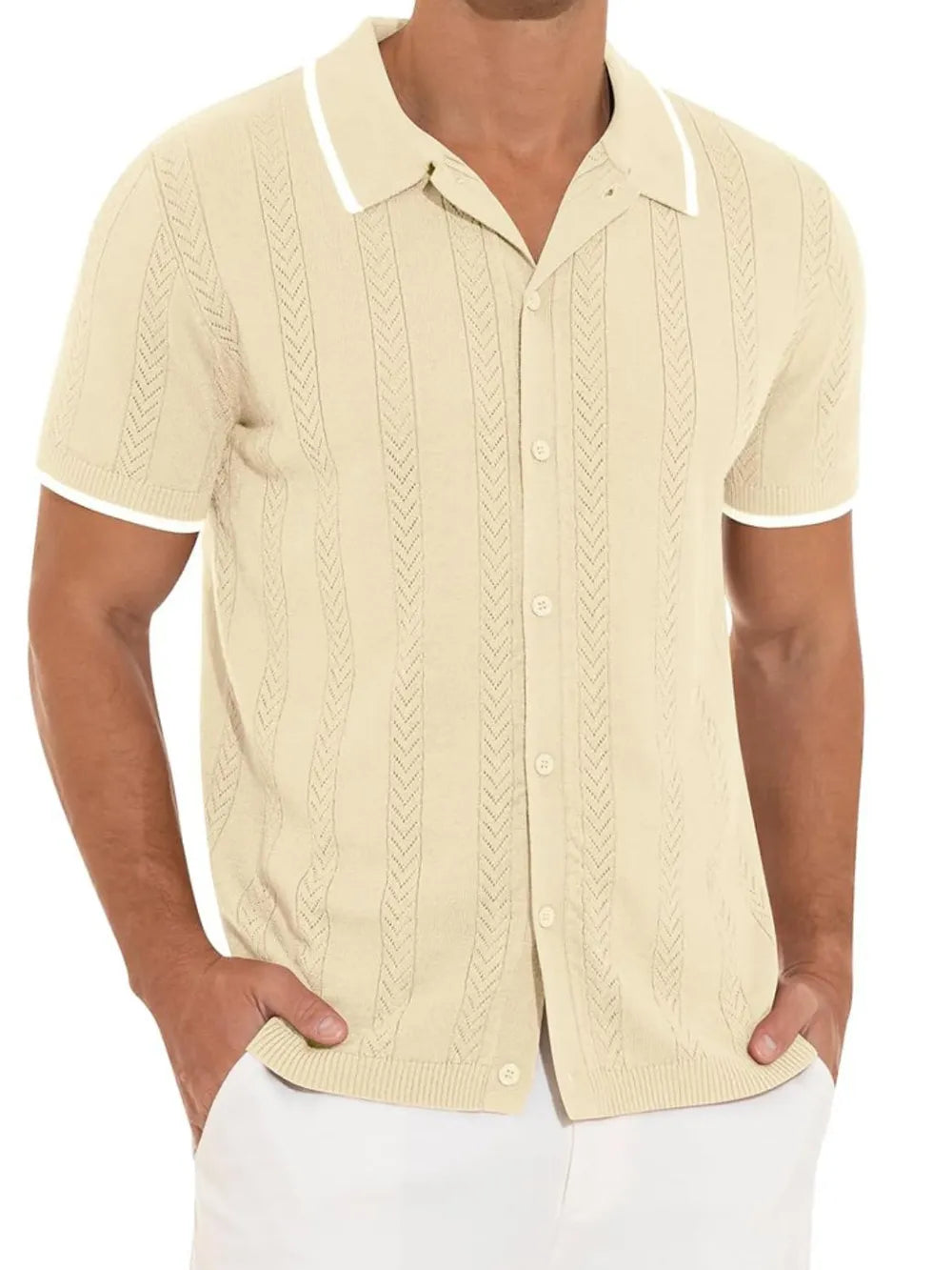 Beige textured knit polo shirt with contrast trim and vertical cable knit detail.