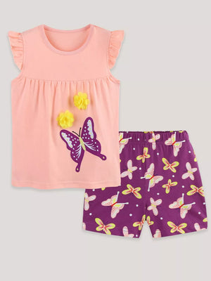 Peach cotton t-shirt with ruffle sleeves and butterfly applique, paired with purple butterfly print shorts.