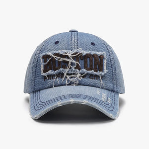 Distressed denim baseball cap with embroidered Boston text, Light color.