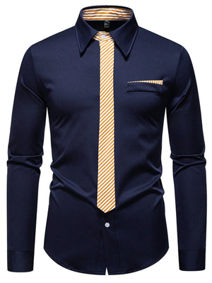 Men's navy blue button-up shirt with a white and orange striped tie detail and pocket.