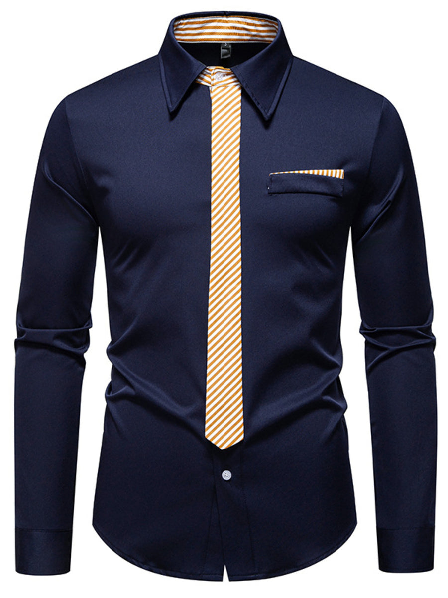 Men's navy blue button-up shirt with a white and orange striped tie detail and pocket.