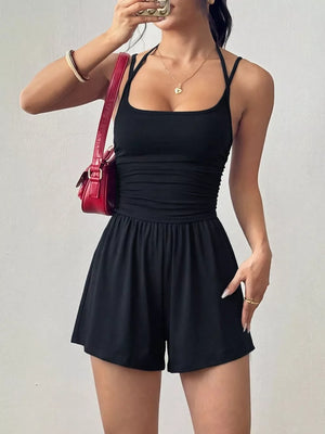 Ruched Spaghetti Strap Romper in Olive Green, view 14
