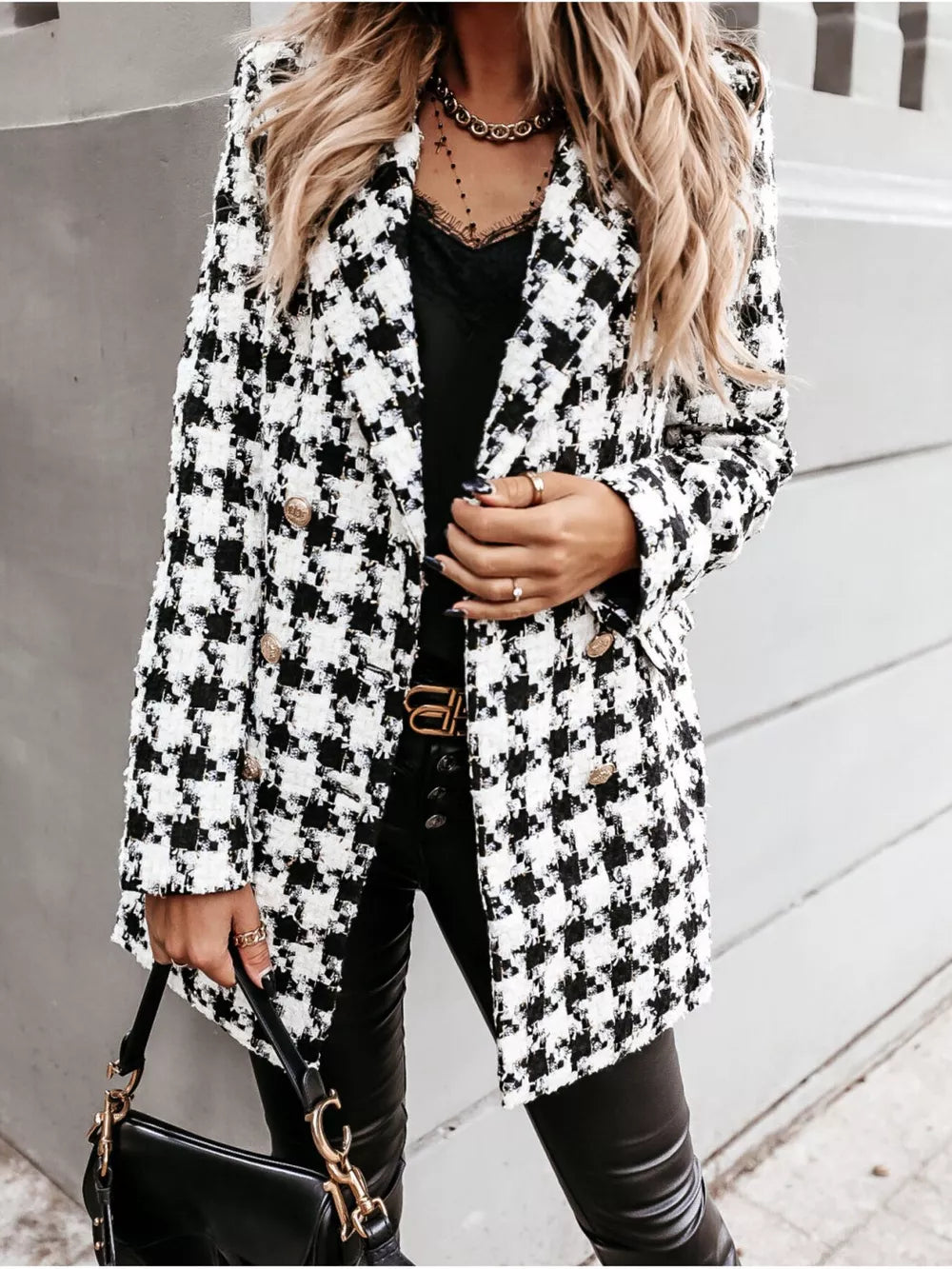 black overcoat with houndstooth and notch lapel