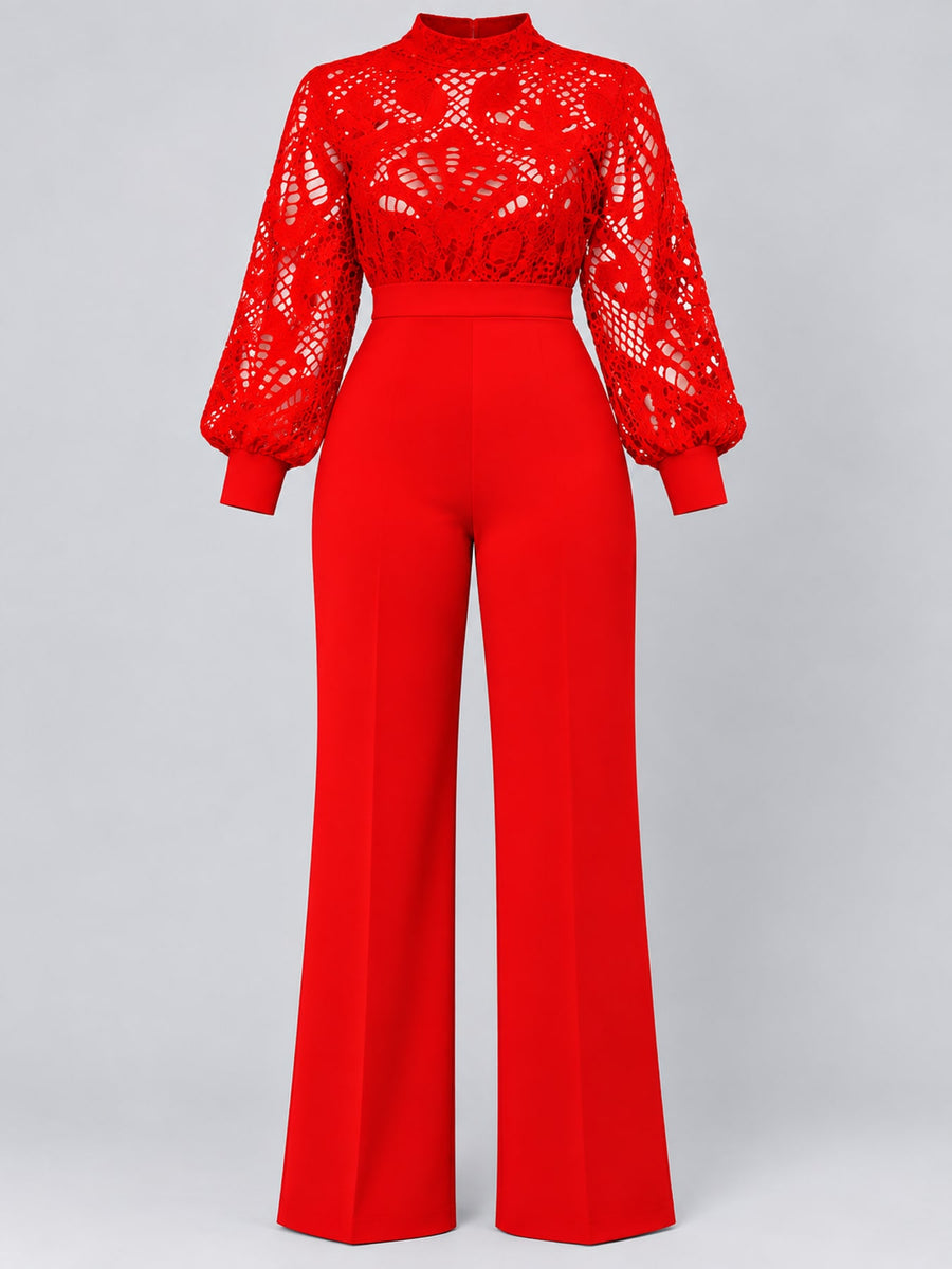 White flared jumpsuit with mock neck