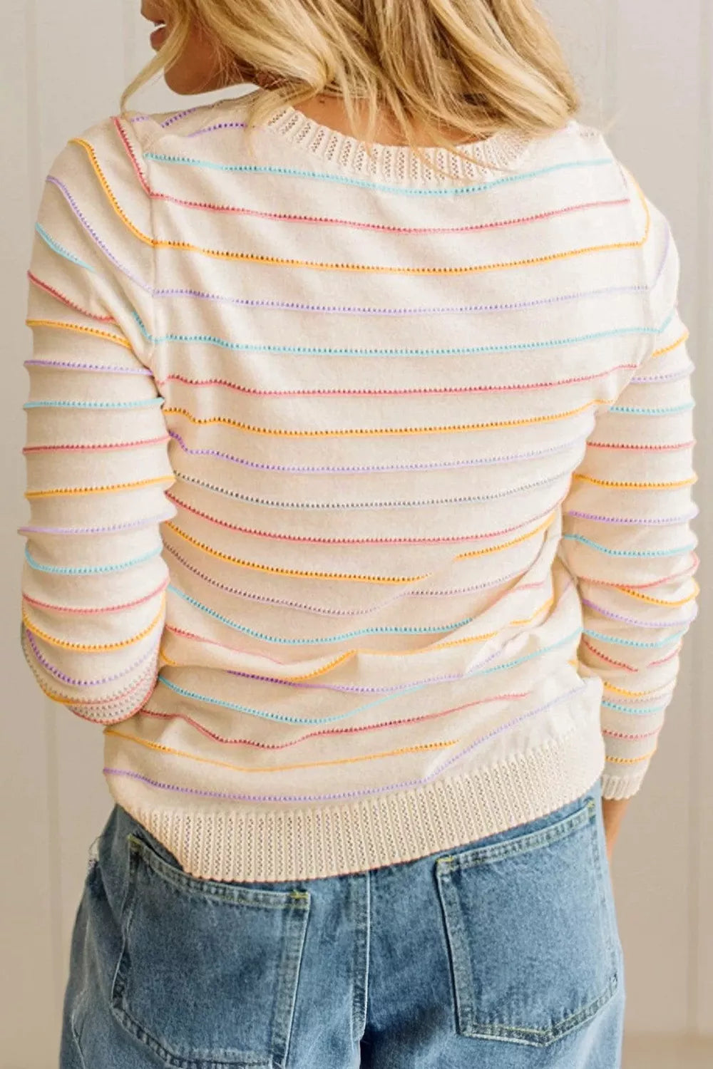 crewneck sweater in Beige with striped and stretch