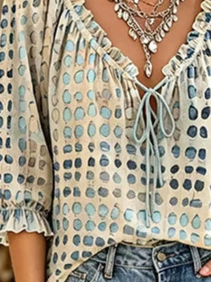 Multicolor Full Size Tie Neck 3/4 Sleeve Blouse Plus Size
