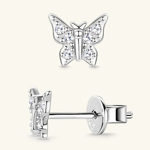 Silver moissanite butterfly stud earrings with clear stones