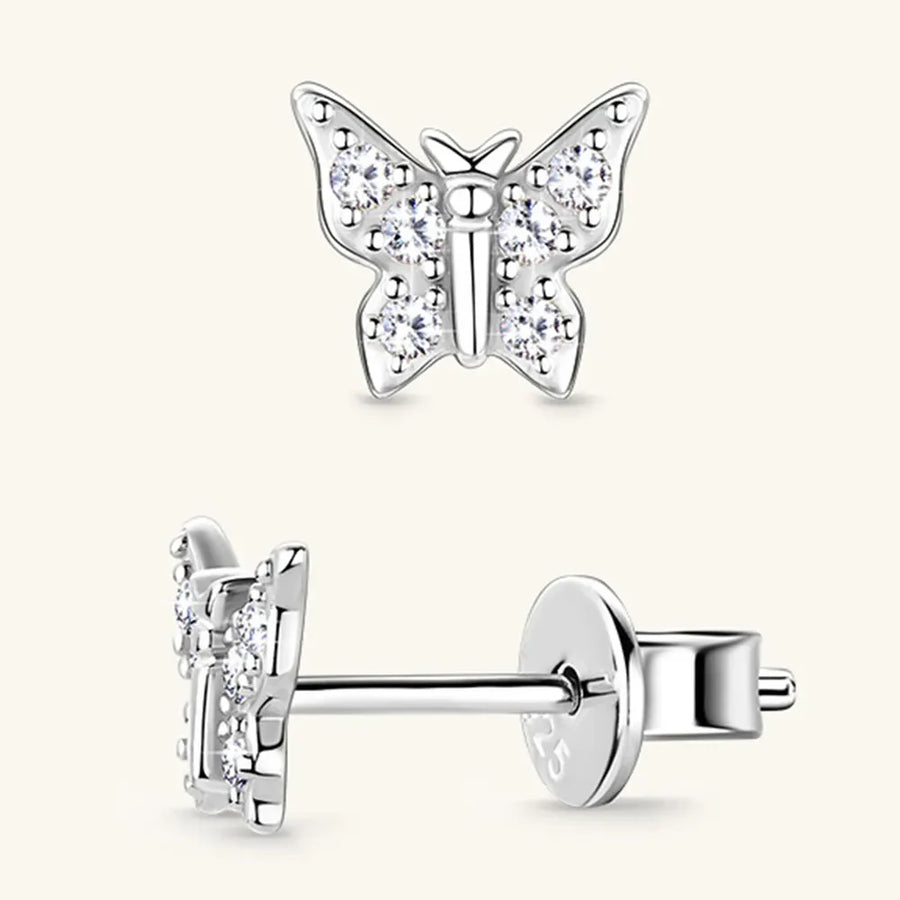 Silver moissanite butterfly stud earrings with clear stones