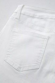 White denim jeans with high waist and straight leg cut, showing back pocket detail.