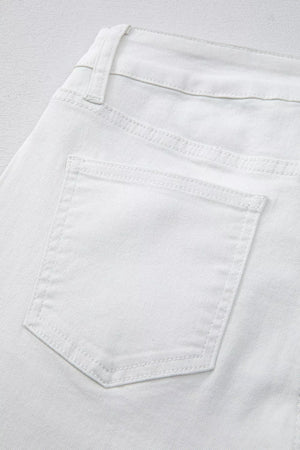 White denim jeans with high waist and straight leg cut, showing back pocket detail.