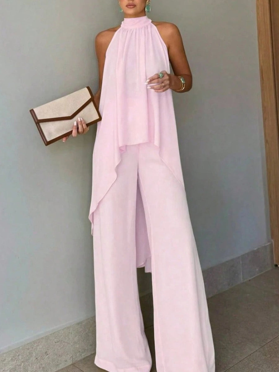 100% polyester Care instructions: Machine wash cold two-piece set in pale yellow with relaxed top with wide-leg pants