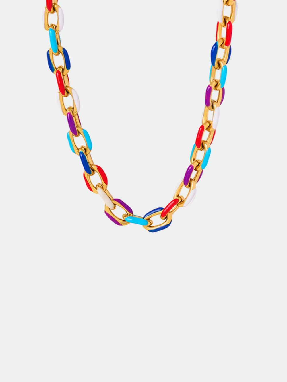 Gold link necklace with colorful enamel in red, blue, white, purple, and cyan.