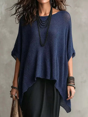 Blue Loose Knit Round Neck Plus Size Top