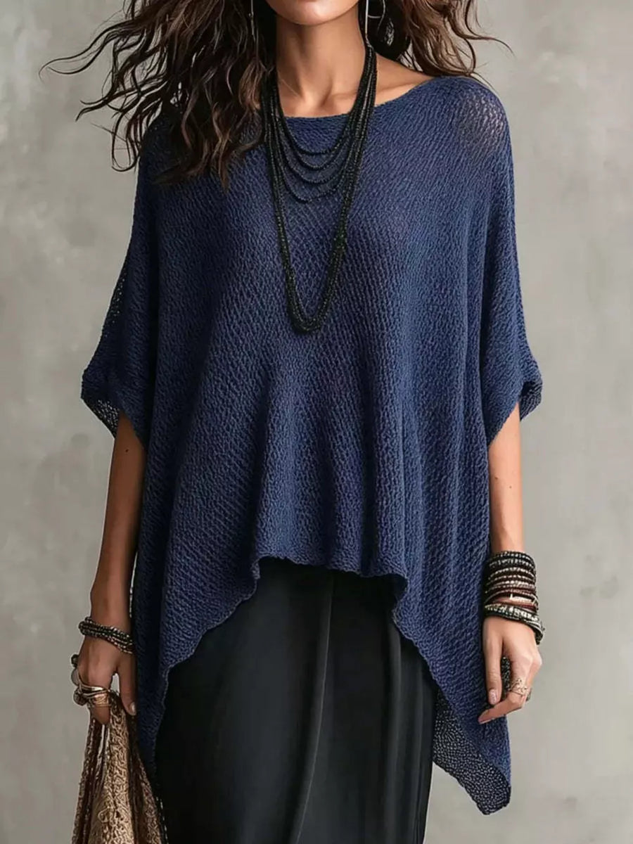 Blue Loose Knit Round Neck Plus Size Top