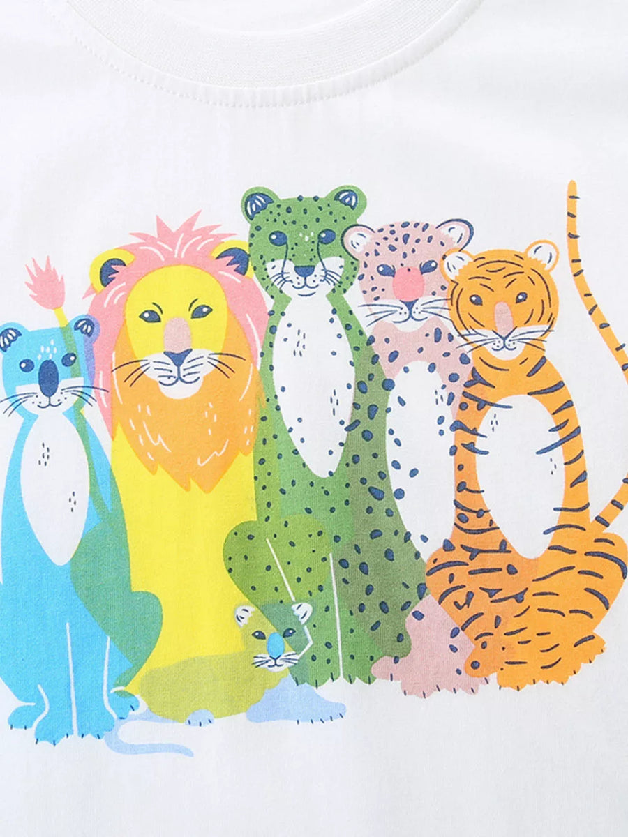 White cotton toddler t-shirt with a colorful wild animal graphic print.