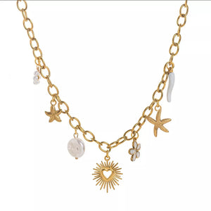 18k Gold-plated Stainless Steel Charm Necklace in Hot Pink with charm details