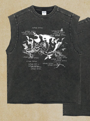 Black washed graphic sleeveless tee with raw edges and distressed print.