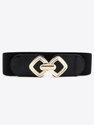 Black elasticated belt with geometric gold buckle and faux leather accents