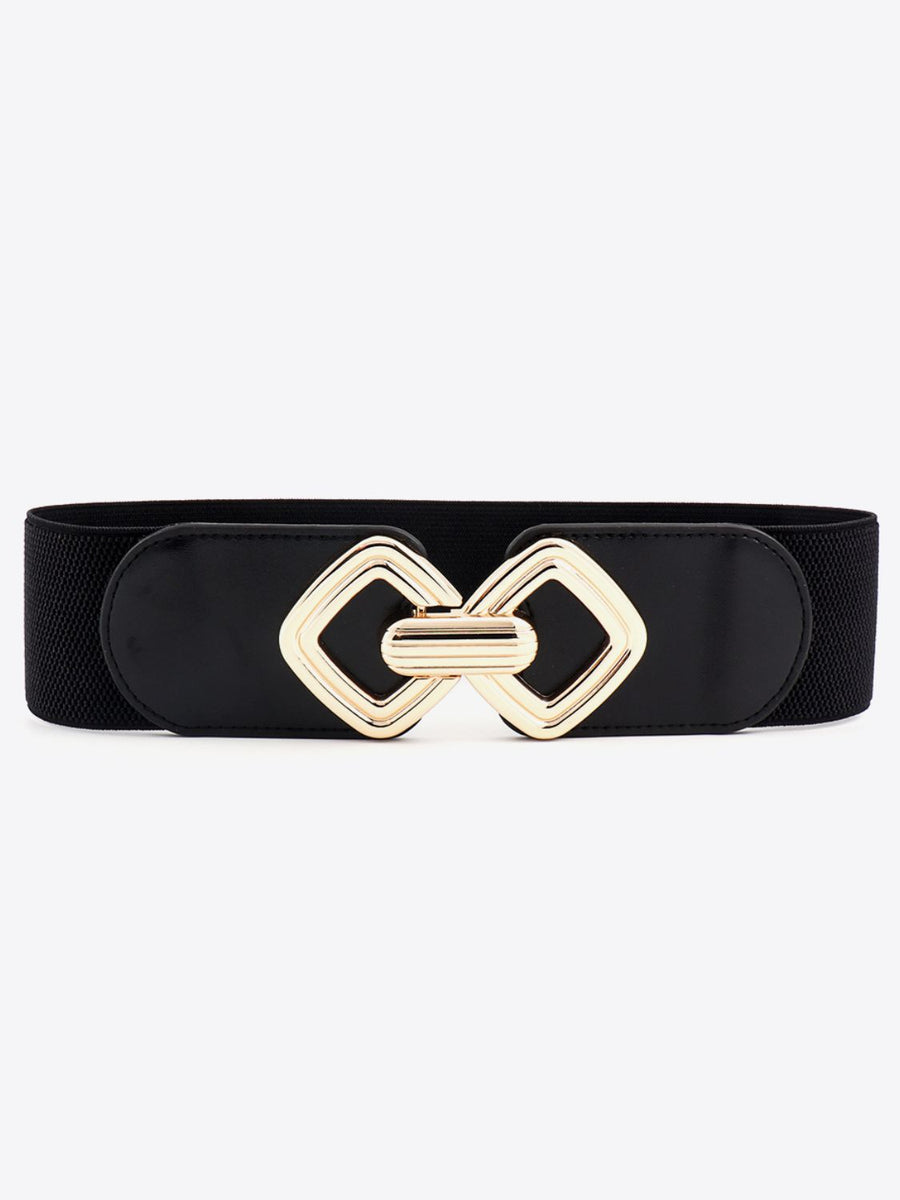 Black elasticated belt with geometric gold buckle and faux leather accents