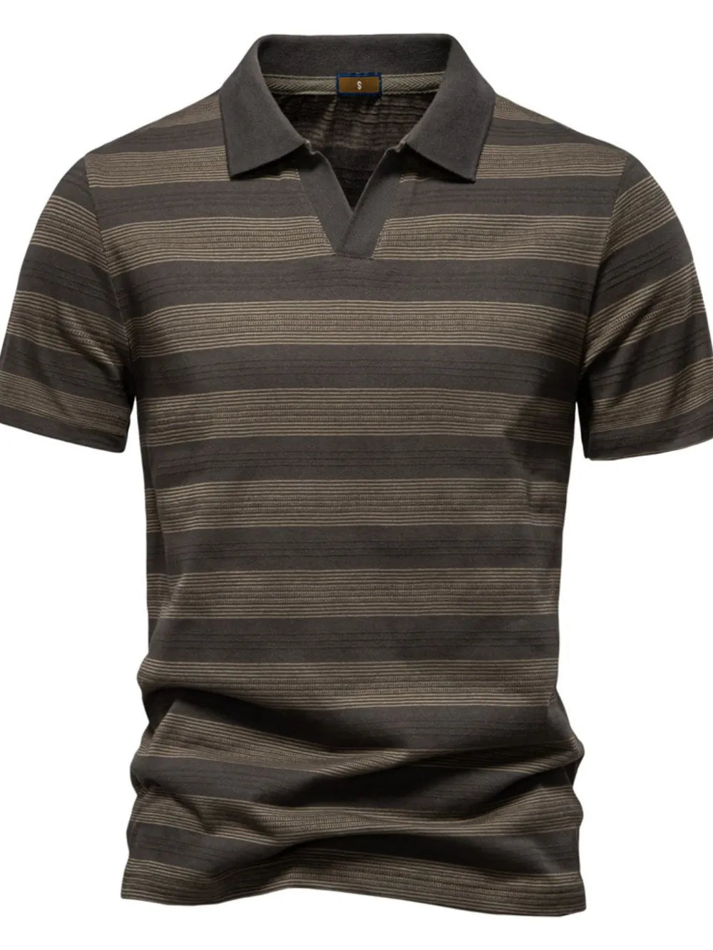 Men's short sleeve polo shirt with textured stripes and a v-neck collar.