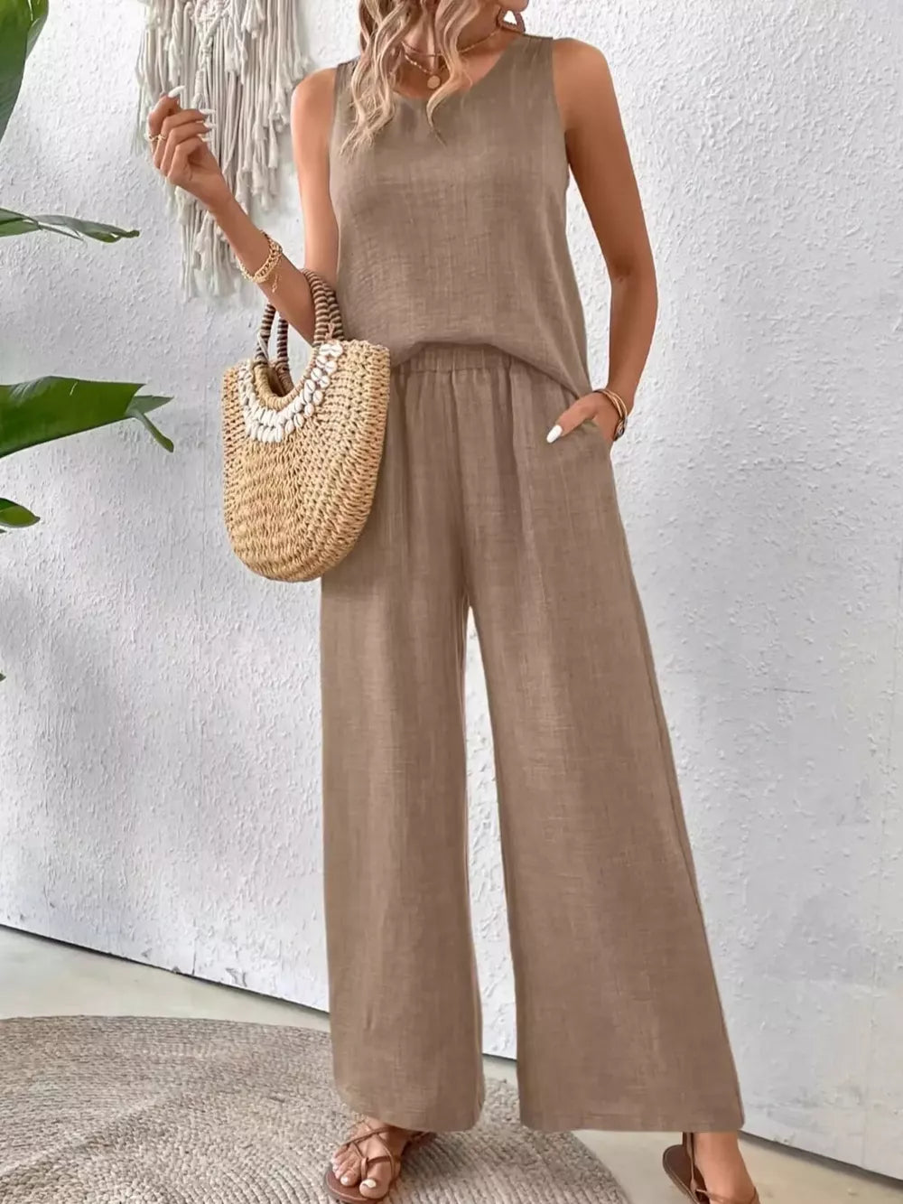 Taupe round neck sleeveless top and wide-leg pants set with pockets