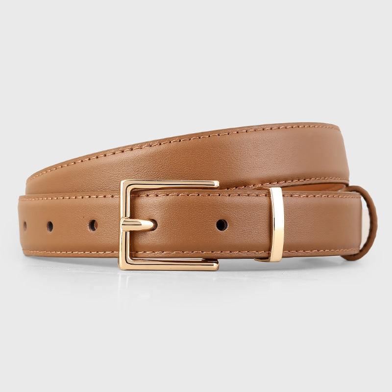 Caramel leather belt with minimalist golden buckle and adjustable holes.