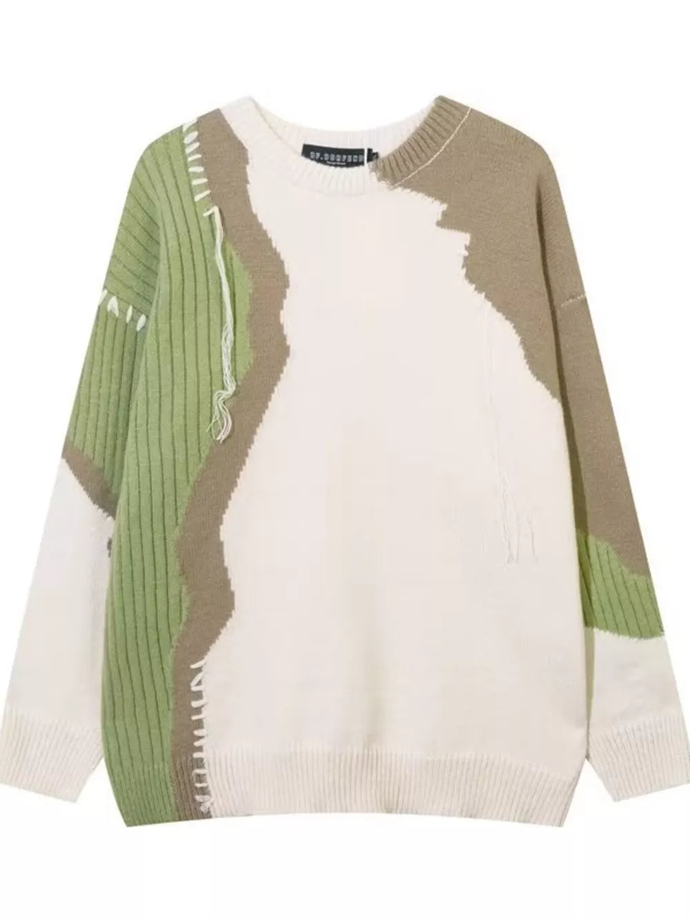 Contrast knit sweater with abstract green and tan color block pattern and textured details.