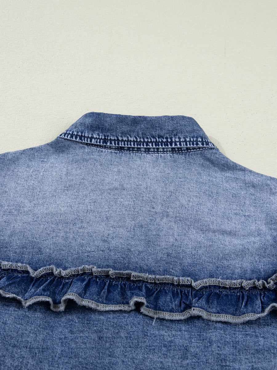 Denim ruffle button-down shirt with vintage wash and frayed ruffle detail