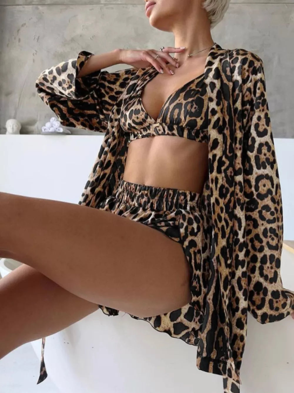 tan pajama set with leopard-print and v-neck
