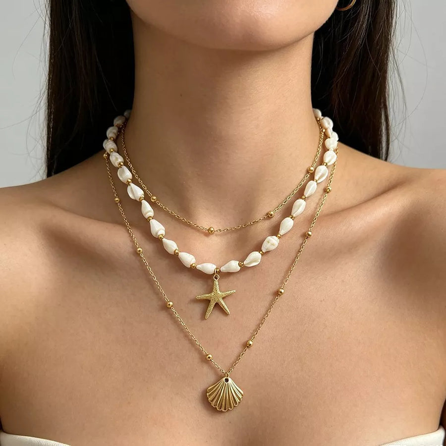 Gold 18k Gold-plated Bohemian Seashell Layered Necklace