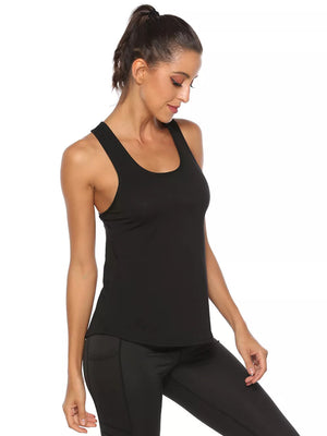 Black racerback tank top with scoop neck, made of soft, stretchy fabric.