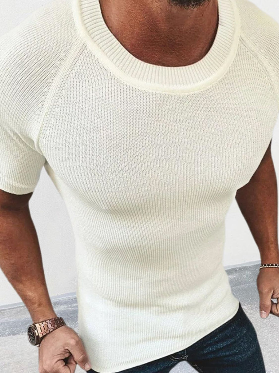 Cream ribbed short sleeve crew neck sweater