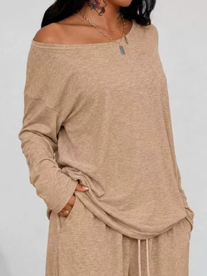 Khaki Loose Fit One-shoulder T-shirt And Pants Set Plus Size