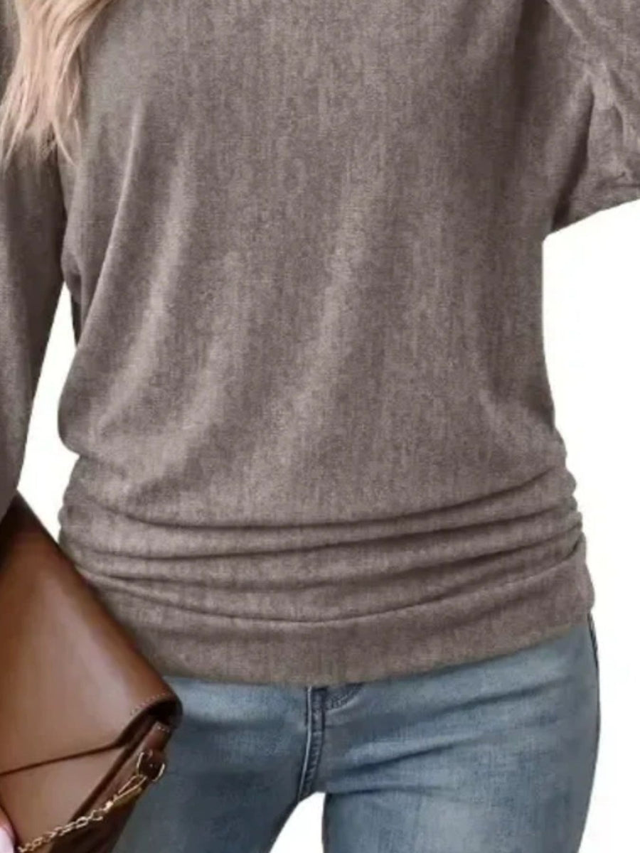 Long Sleeve Crew Neck Casual T-Shirt in Dark Blue with ruched