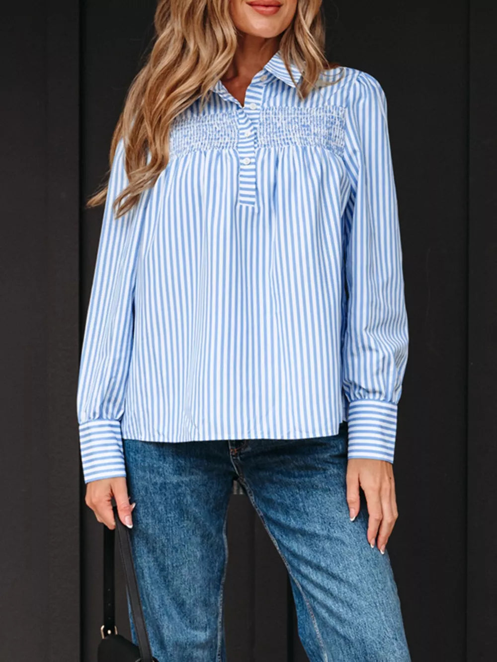 Striped Smocked Collared Blouse in Light Blue