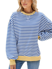 Striped crew neck sweatshirt in royal blue and white with yellow trim and cuffs.