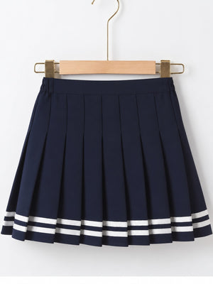 pleated skirt featuring striped in navy blue with Polyester, acetate, and spandex texture