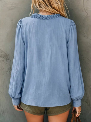 Frill V-neck Long Sleeve Blouse in White, view 12