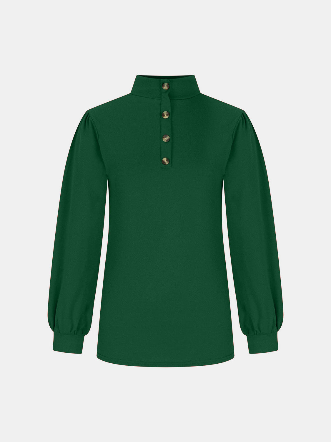 Dark green mock neck top with button back and puff sleeves