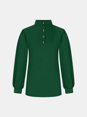 Dark green mock neck top with button back and puff sleeves